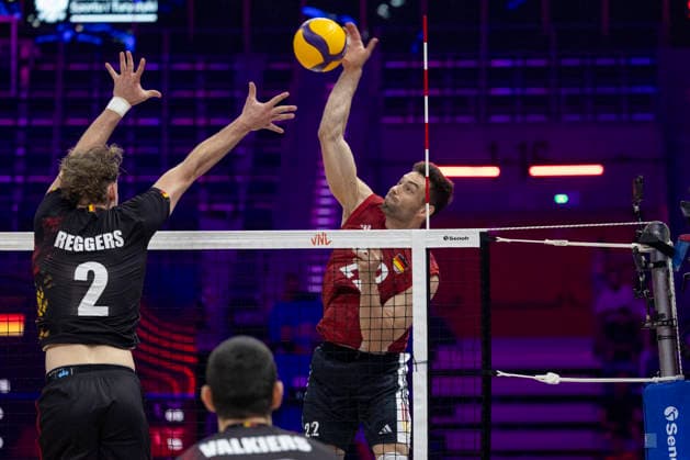 VNL Belgium - Germany 26.06.2026 volleyball, Gliwice , Arena Pre Zero , Mens Volleyball Nations League 2026 FIVB VNL (siatkowka, Liga Narodow, Belgia - Niemcy ), game , match Belgium - Germany image shows: Ferre Reggers (L) Tobias Brand (R) photo Katarzyna Plewczynska Fotostyk Copyright: xKatarzynaxPlewczynskax 20260626KAPL3013