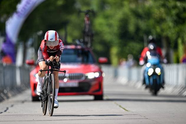 Elite Women Sandrine Tas pictured in action during the women s elite individual road time trial race (20,5km) at the Belgian Cycling Championships, in Maarkedal, on Friday 26 June 2026. DAVIDxPINTENS  x179437866x