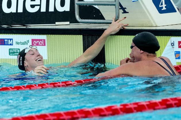 Gretchen C Walsh of United States celebrates the new record for the 50m Butterfly Women Final during the 62nd Settecolli swimming meeting at Stadio del Nuoto in Rome (Italy), June 26, 2026. antoniettaxbaldassarre