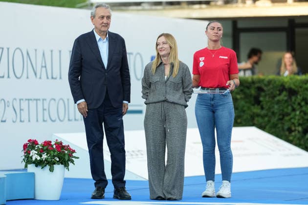 The Prime Minister Giorgia Meloni and Paolo Barelli, President of Italian Swimming Federation, present the awards for the 50m Backstroke Women Final during the 62nd Settecolli swimming meeting at Stadio del Nuoto in Rome (Italy), June 26, 2026. antoniettaxbaldassarre