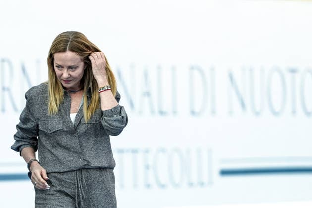 The Prime Minister Giorgia Meloni presents the awards for the 50m Backstroke Women Final during the 62nd Settecolli swimming meeting at Stadio del Nuoto in Rome (Italy), June 26, 2026. antoniettaxbaldassarre