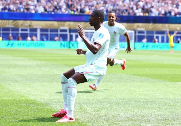 Foxborough, USA, 26th June 2026. Ousmane Dembele of France celebrates after scoring to make it 1-0 during the Norway vs France FIFA World Cup, WM, Weltmeisterschaft, Fussball match at Gillette Stadium, Foxborough. Picture credit should read: Paul Terry Sportimage EDITORIAL USE ONLY. No use with unauthorised audio, video, data, fixture lists, club league logos or live services. Online in-match use limited to 120 images, no video emulation. No use in betting, games or single club league player publications. SPI_049_PT_Norway_France SPI-4842-0049