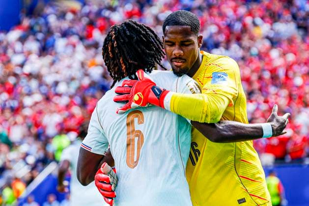 Goalkeeper Mike Maignan of France celebrates with Manu Kone of France after stopping a penalty , Group I - FIFA World Cup, WM, Weltmeisterschaft, Fussball 2026, Norway v France, Boston Stadium, June 26, 2026, Boston, United States.