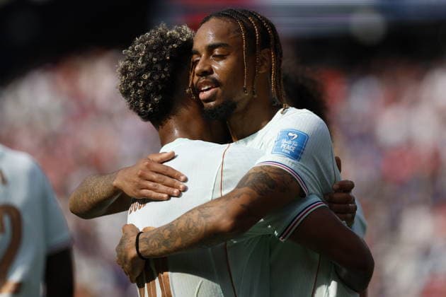 FIFA World Cup, WM, Weltmeisterschaft, Fussball 2026 - Group I - Norway vs France Desire Doue (L) of France celebrates with teammate Bradley Barcola after scoring the 1-4 goal in the FIFA World Cup 2026 group stage match Norway against France, in Boston, USA, 26 June 2026. BOSTON United States  Copyright: xGREGxM.xCOOPERx
