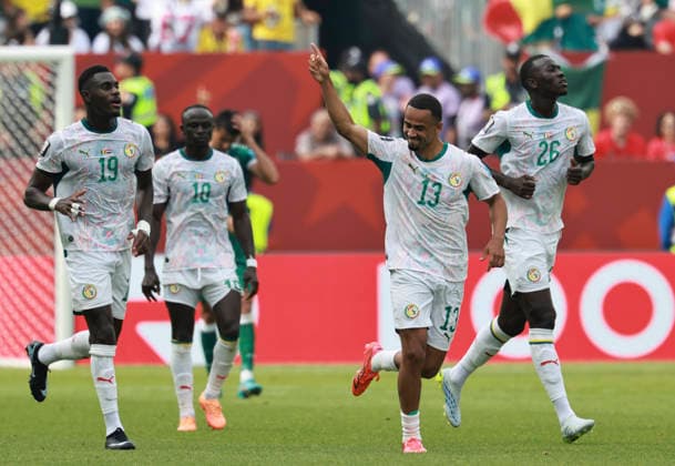 (260627) -- TORONTO, June 27, 2026 -- Senegal s Iliman Ndiaye (2nd R) celebrates a goal during the group I match between Senegal and Iraq at the 2026 FIFA World Cup, WM, Weltmeisterschaft, Fussball at Toronto Stadium in Toronto, Canada, June 26, 2026. (Photo by Xinhua) (SP)CANADA-TORONTO-FOOTBALL-FIFA WORLD CUP-GROUP I-SEN VS IRQ YangxShu 