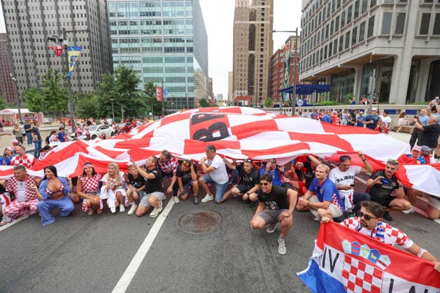 Philadelphia Croatian Flag Thousands of Croatian fans carry a large Croatian flag during a Croatian parade before the FIFA World Cup, WM, Weltmeisterschaft, Fussball 2026 Group L match between Gana and Croatia on June 26, 2026 in Philadelphia, Pennsylvania, United States.  SanjinxStrukic PIXSELL