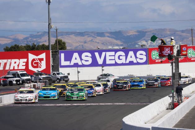 SONOMA, CA - JUNE 26: Sam Corry ( 25 Bruce Toyota) leads the start of the General Tire 150 ARCA Menards Series West race on June 26, 2026, at Sonoma Raceway in Sonoma, CA. (Photo by Marc Sanchez Sonoma Raceway Icon Sportswire) AUTO: JUN 26 ARCA Menards Series West General Tire 150 EDITORIAL USE ONLY Icon1442606261875