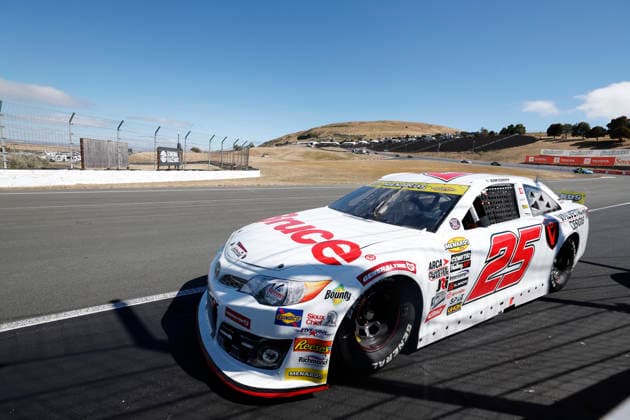 SONOMA, CA - JUNE 26: Sam Corry ( 25 Bruce Toyota) leads the race during the General Tire 150 ARCA Menards Series West race on June 26, 2026, at Sonoma Raceway in Sonoma, CA. (Photo by Jeff Speer Sonoma Raceway Icon Sportswire) AUTO: JUN 26 ARCA Menards Series West General Tire 150 EDITORIAL USE ONLY Icon2606262874