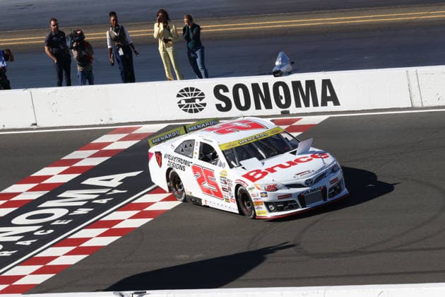 SONOMA, CA - JUNE 26: Sam Corry* ( 25 Bruce Toyota) celebrates with a burnout after winning the General Tire 150 ARCA Menards Series West race on June 26, 2026, at Sonoma Raceway in Sonoma, CA. (Photo by Marc Sanchez Sonoma Raceway Icon Sportswire) AUTO: JUN 26 ARCA Menards Series West General Tire 150 EDITORIAL USE ONLY Icon14426006264805