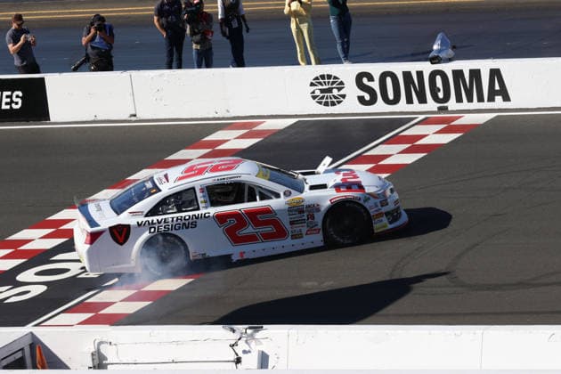 SONOMA, CA - JUNE 26: Sam Corry* ( 25 Bruce Toyota) celebrates with a burnout after winning the General Tire 150 ARCA Menards Series West race on June 26, 2026, at Sonoma Raceway in Sonoma, CA. (Photo by Marc Sanchez Sonoma Raceway Icon Sportswire) AUTO: JUN 26 ARCA Menards Series West General Tire 150 EDITORIAL USE ONLY Icon14426006264807