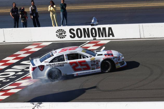 SONOMA, CA - JUNE 26: Sam Corry* ( 25 Bruce Toyota) celebrates with a burnout after winning the General Tire 150 ARCA Menards Series West race on June 26, 2026, at Sonoma Raceway in Sonoma, CA. (Photo by Marc Sanchez Sonoma Raceway Icon Sportswire) AUTO: JUN 26 ARCA Menards Series West General Tire 150 EDITORIAL USE ONLY Icon14426006264808