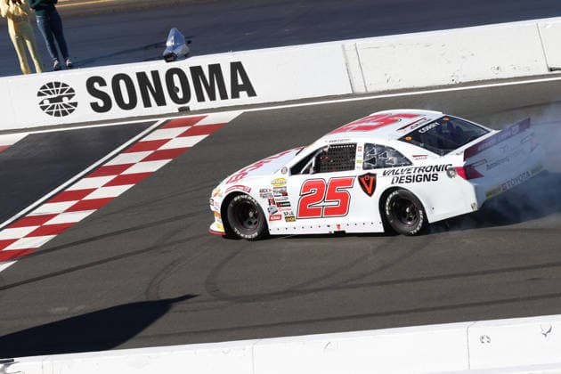 SONOMA, CA - JUNE 26: Sam Corry* ( 25 Bruce Toyota) celebrates with a burnout after winning the General Tire 150 ARCA Menards Series West race on June 26, 2026, at Sonoma Raceway in Sonoma, CA. (Photo by Marc Sanchez Sonoma Raceway Icon Sportswire) AUTO: JUN 26 ARCA Menards Series West General Tire 150 EDITORIAL USE ONLY Icon14426006264809