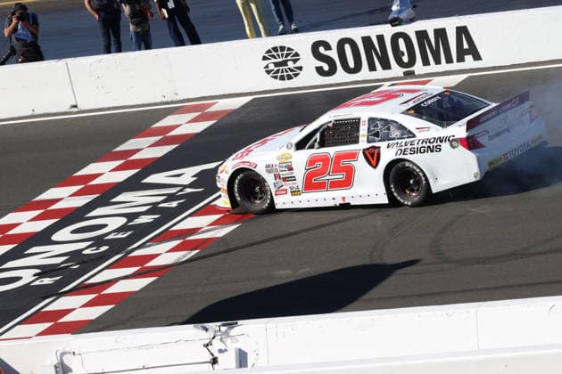 SONOMA, CA - JUNE 26: Sam Corry* ( 25 Bruce Toyota) celebrates with a burnout after winning the General Tire 150 ARCA Menards Series West race on June 26, 2026, at Sonoma Raceway in Sonoma, CA. (Photo by Marc Sanchez Sonoma Raceway Icon Sportswire) AUTO: JUN 26 ARCA Menards Series West General Tire 150 EDITORIAL USE ONLY Icon14426006264810
