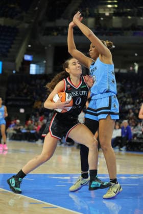 CHICAGO, IL - JUNE 26: Sydney Taylor 12 of the Chicago Sky guards Carla Leite 0 of the Portland Fire during the first half on June 26, 2026 at Wintrust Arena in Chicago, Illinois. (Photo by Melissa Tamez Icon Sportswire) WNBA, Basketball Damen, USA JUN 26 Portland Fire at Chicago Sky EDITORIAL USE ONLY Icon260626002