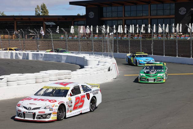 SONOMA, CA - JUNE 26: Sam Corry* ( 25 Bruce Toyota) leads Mia Lovell* ( 15 Pine Health Toyota) in turn 11 late in the race during the General Tire 150 ARCA Menards Series West race on June 26, 2026, at Sonoma Raceway in Sonoma, CA. (Photo by Marc Sanchez Sonoma Raceway Icon Sportswire) AUTO: JUN 26 ARCA Menards Series West General Tire 150 EDITORIAL USE ONLY Icon14426006264799