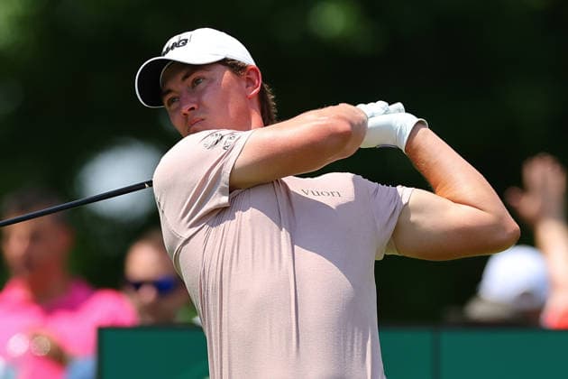 CROMWELL, CT - JUNE 26: Maverick McNealy of the United States tees off at the first tee during the second round of the PGA, Golf Herren Travelers Championship at TPC River Highlands on June 26, 2026 in Cromwell, Connecticut. (Photo by Rich Graessle Icon Sportswire) GOLF: JUN 26 PGA Travelers Championship EDITORIAL USE ONLY Icon260626277312