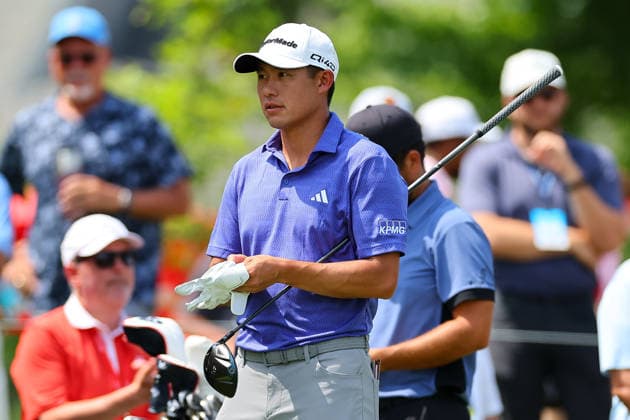 CROMWELL, CT - JUNE 26: Collin Morikawa of the United States tees off at the first tee during the second round of the PGA, Golf Herren Travelers Championship at TPC River Highlands on June 26, 2026 in Cromwell, Connecticut. (Photo by Rich Graessle Icon Sportswire) GOLF: JUN 26 PGA Travelers Championship EDITORIAL USE ONLY Icon260626277472