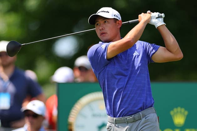 CROMWELL, CT - JUNE 26: Collin Morikawa of the United States tees off at the first tee during the second round of the PGA, Golf Herren Travelers Championship at TPC River Highlands on June 26, 2026 in Cromwell, Connecticut. (Photo by Rich Graessle Icon Sportswire) GOLF: JUN 26 PGA Travelers Championship EDITORIAL USE ONLY Icon260626277512