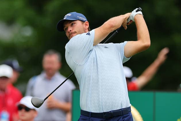 CROMWELL, CT - JUNE 26: Nicolai Hojgaard of Denmark tees off at the first tee during the second round of the PGA, Golf Herren Travelers Championship at TPC River Highlands on June 26, 2026 in Cromwell, Connecticut. (Photo by Rich Graessle Icon Sportswire) GOLF: JUN 26 PGA Travelers Championship EDITORIAL USE ONLY Icon260626277662