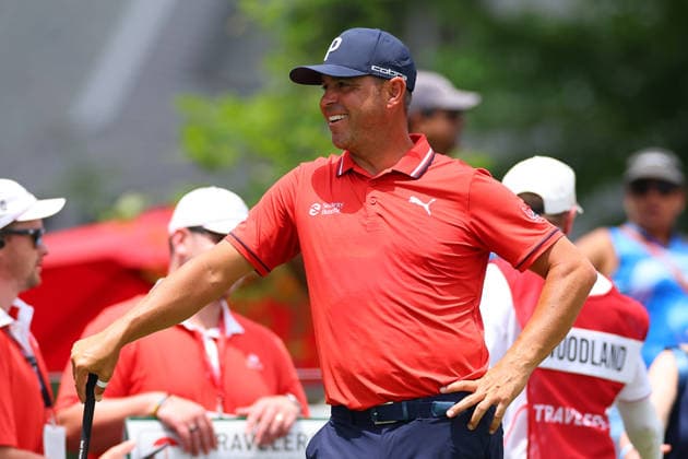 CROMWELL, CT - JUNE 26: Gary Woodland of the United States tees off at the first tee during the second round of the PGA, Golf Herren Travelers Championship at TPC River Highlands on June 26, 2026 in Cromwell, Connecticut. (Photo by Rich Graessle Icon Sportswire) GOLF: JUN 26 PGA Travelers Championship EDITORIAL USE ONLY Icon260626277912