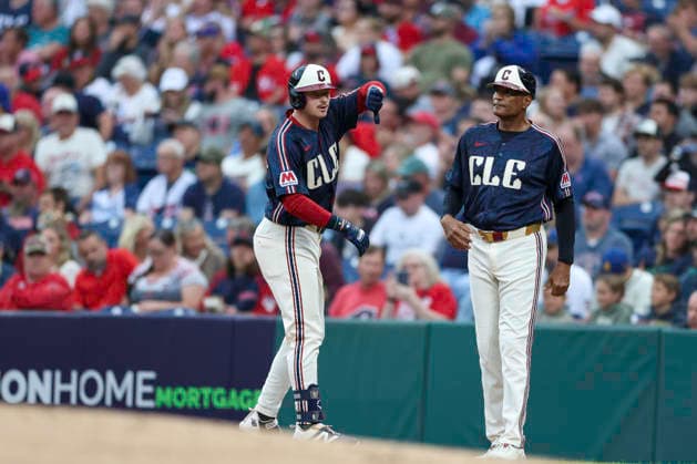 June 26, 2026: Cleveland Guardians first baseman Kyle Manzardo (9) reacts after hitting a single during the first inning of the Major League Baseball game between the Seattle Mariners and Cleveland Guardians at Progressive Field in Cleveland, Ohio. CSM MLB, Baseball Herren, USA 2026: Mariners Vs Guardians JUN 26  - ZUMAc04_ 20260626_zma_c04_244 Copyright: xBrianxFisherx