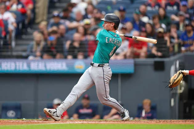 June 26, 2026: Seattle Mariners shortstop Colt Emerson (4) hits a solo home run during the third inning of the Major League Baseball game between the Seattle Mariners and Cleveland Guardians at Progressive Field in Cleveland, Ohio. CSM MLB, Baseball Herren, USA 2026: Mariners Vs Guardians JUN 26  - ZUMAc04_ 20260626_zma_c04_252 Copyright: xBrianxFisherx