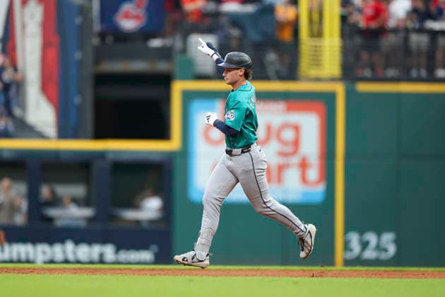 June 26, 2026: Seattle Mariners shortstop Colt Emerson (4) celebrates while rounding the bases after hitting a solo home run during the third inning of the Major League Baseball game between the Seattle Mariners and Cleveland Guardians at Progressive Field in Cleveland, Ohio. CSM MLB, Baseball Herren, USA 2026: Mariners Vs Guardians JUN 26  - ZUMAc04_ 20260626_zma_c04_258 Copyright: xBrianxFisherx