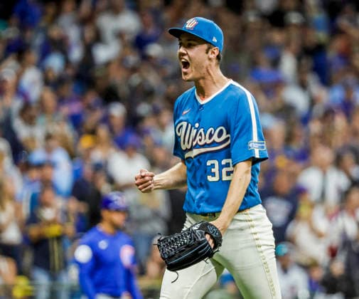 Milwaukee Brewers starting pitcher Jacob Misiorowski reacts after striking out Chicago Cubs right fielder Ian Happ with the bases loaded in the sixth inning of the MLB, Baseball Herren, USA game between the Chicago Cubs and the Milwaukee Brewers at American Family Field in Milwaukee, Wisconsin on Friday, June 26, 2026.  MIL20260626821 TANNENxMAURY