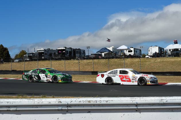 SONOMA, CA JUNE 26: Sam Corry ( 25 Bruce Toyota) leads Mia Lovell ( 15 Pine Health Toyota) through turn 7 during the ARCA Menards Series West General Tire 150 on June 26, 2026, at Sonoma Raceway in Sonoma, CA. (Photo by Chris Williams Sonoma Raceway Icon Sportswire) AUTO: JUN 26 ARCA Menards Series West General Tire 150 EDITORIAL USE ONLY Icon0072606260144