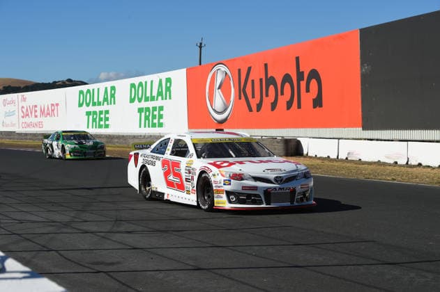 SONOMA, CA JUNE 26: Sam Corry ( 25 Bruce Toyota) leads Mia Lovell ( 15 Pine Health Toyota) out of turn 10 during the ARCA Menards Series West General Tire 150 on June 26, 2026, at Sonoma Raceway in Sonoma, CA. (Photo by Chris Williams Sonoma Raceway Icon Sportswire) AUTO: JUN 26 ARCA Menards Series West General Tire 150 EDITORIAL USE ONLY Icon0072606260163