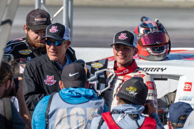 SONOMA, CA - JUNE 26: Sam Corry ( 25 Bruce Toyota) smiles for the press with trophy in hand after winning the ARCA Menards Series West General Tire 150 race on June 26, 2026, at Sonoma Raceway, Sonoma, CA. (Photo by Douglas Stringer Icon Sportswire) AUTO: JUN 26 ARCA Menards Series West General Tire 150 EDITORIAL USE ONLY Icon2606260168