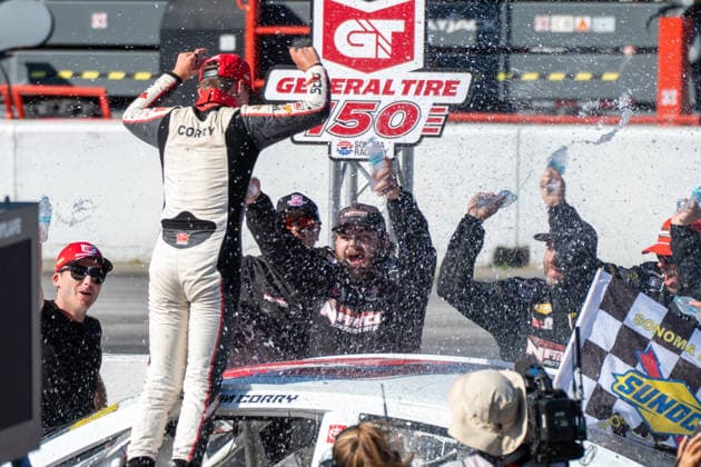 SONOMA, CA - JUNE 26: Sam Corry ( 25 Bruce Toyota) gets a water shower from his crew after winning the ARCA Menards Series West General Tire 150 race on June 26, 2026, at Sonoma Raceway, Sonoma, CA. (Photo by Douglas Stringer Icon Sportswire) AUTO: JUN 26 ARCA Menards Series West General Tire 150 EDITORIAL USE ONLY Icon2606260169