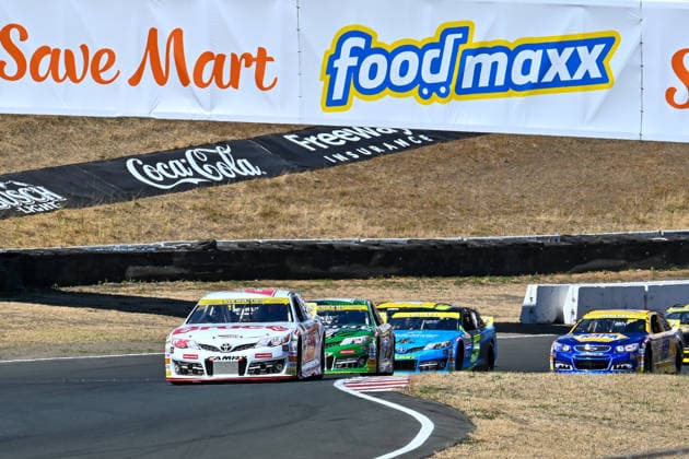 SONOMA, CA - JUNE 26: Sam Corry ( 25 Bruce Toyota) leads the pack up the hill to turn 2 at the start of the ARCA Menards Series West General Tire 150 race on June 26, 2026, at Sonoma Raceway, Sonoma, CA. (Photo by Douglas Stringer Icon Sportswire) AUTO: JUN 26 ARCA Menards Series West General Tire 150 EDITORIAL USE ONLY Icon2606260171