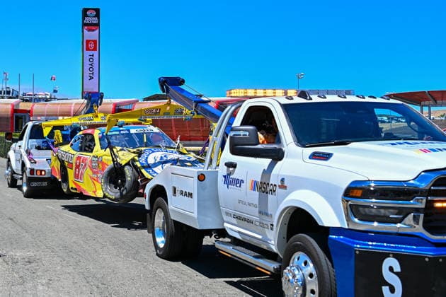 SONOMA, CA - JUNE 26: The result of a encounter with the wall on turn 11 during qualifying took Austin Green ( 87 Peterson Racing Group Peterson Racing Group Chevrolet) out of the qualifying trials before the ARCA Menards Series West General Tire 150 race on June 26, 2026, at Sonoma Raceway, Sonoma, CA. (Photo by Douglas Stringer Icon Sportswire) AUTO: JUN 26 ARCA Menards Series West General Tire 150 EDITORIAL USE ONLY Icon2606260178