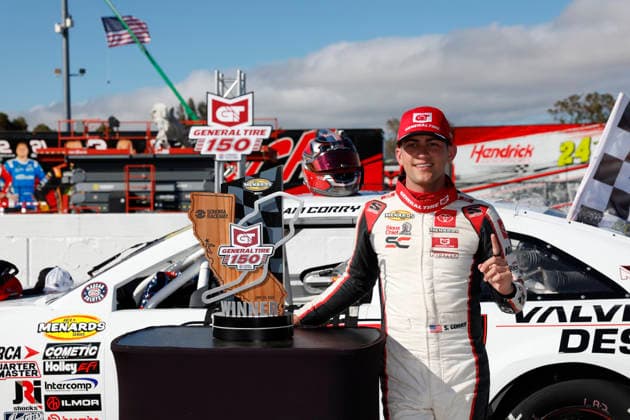 SONOMA, CA - JUNE 26: Sam Corry* ( 25 Bruce Toyota) celebrates with the trophy after winning the General Tire 150 ARCA Menards Series West race on June 26, 2026, at Sonoma Raceway in Sonoma, CA. (Photo by Jeff Speer Sonoma Raceway Icon Sportswire) AUTO: JUN 26 ARCA Menards Series West General Tire 150 EDITORIAL USE ONLY Icon2606265999