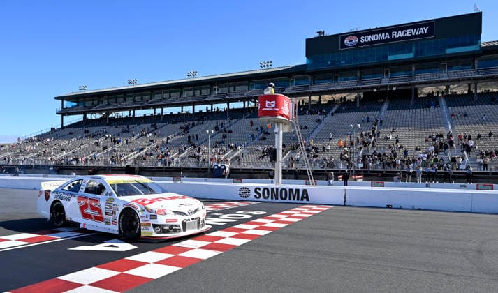 SONOMA, CA - JUNE 26: Sam Corry ( 25 Bruce Toyota) celebrates at the start finish line after winning the ARCA Menards Series West General Tire 150 on June 26, 2026, at Sonoma Raceway in Sonoma, CA. (Photo by Will Lester Icon Sportswire) AUTO: JUN 26 ARCA Menards Series West General Tire 150 EDITORIAL USE ONLY Icon26062604241