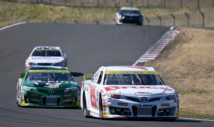 SONOMA, CA - JUNE 26: Sam Corry ( 25 Bruce Toyota) leads Mia Lovell ( 15 Pine Health Toyota) through the esses during the closing laps of the ARCA Menards Series West General Tire 150 on June 26, 2026, at Sonoma Raceway in Sonoma, CA. (Photo by Will Lester Icon Sportswire) AUTO: JUN 26 ARCA Menards Series West General Tire 150 EDITORIAL USE ONLY Icon26062604505