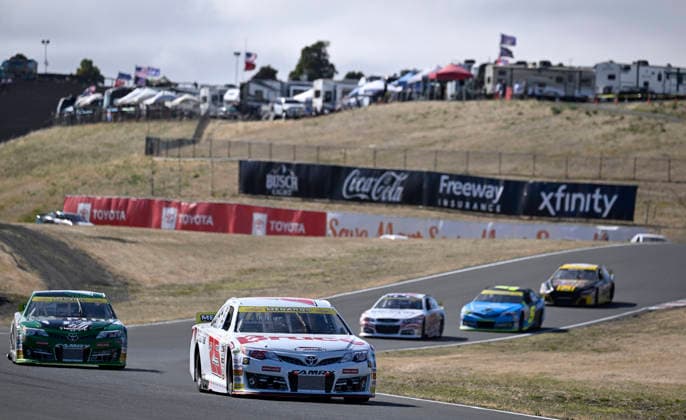 SONOMA, CA - JUNE 26: Sam Corry ( 25 Bruce Toyota) leads Mia Lovell ( 15 Pine Health Toyota) through the esses during the closing laps of the ARCA Menards Series West General Tire 150 on June 26, 2026, at Sonoma Raceway in Sonoma, CA. (Photo by Will Lester Icon Sportswire) AUTO: JUN 26 ARCA Menards Series West General Tire 150 EDITORIAL USE ONLY Icon26062604647