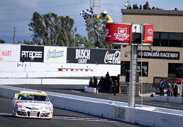 SONOMA, CA - JUNE 26: Sam Corry ( 25 Bruce Toyota) takes the checkered flag to win the ARCA Menards Series West General Tire 150 on June 26, 2026, at Sonoma Raceway in Sonoma, CA. (Photo by Will Lester Icon Sportswire) AUTO: JUN 26 ARCA Menards Series West General Tire 150 EDITORIAL USE ONLY Icon26062604681