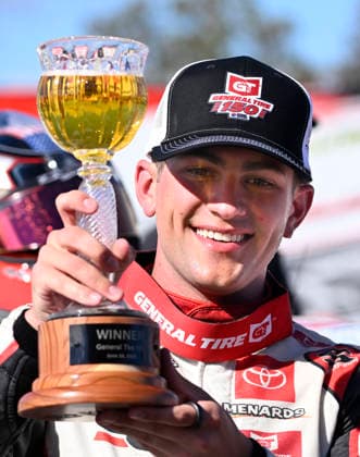 SONOMA, CA - JUNE 26: Sam Corry ( 25 Bruce Toyota) celebrates with sparkling cider after winning the ARCA Menards Series West General Tire 150 on June 26, 2026, at Sonoma Raceway in Sonoma, CA. (Photo by Will Lester Icon Sportswire) AUTO: JUN 26 ARCA Menards Series West General Tire 150 EDITORIAL USE ONLY Icon26062604805