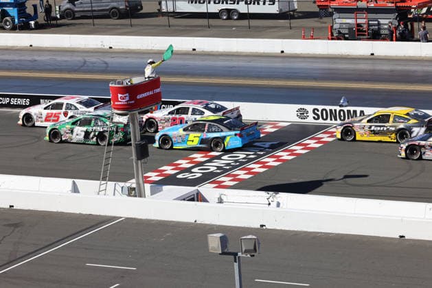 SONOMA, CA - JUNE 26: Sam Corry* ( 25 Bruce Toyota) leads Mia Lovell* ( 15 Pine Health Toyota) on a late restart of the race during the General Tire 150 ARCA Menards Series West race on June 26, 2026, at Sonoma Raceway in Sonoma, CA. (Photo by Marc Sanchez Sonoma Raceway Icon Sportswire) AUTO: JUN 26 ARCA Menards Series West General Tire 150 EDITORIAL USE ONLY Icon14426006264803