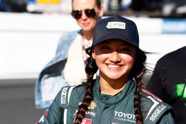 SONOMA, CA - JUNE 26: Mia Lovell* ( 15 Pine Health Toyota) smiles after finish second in the General Tire 150 ARCA Menards Series West race on June 26, 2026, at Sonoma Raceway in Sonoma, CA. (Photo by Jeff Speer Sonoma Raceway Icon Sportswire) AUTO: JUN 26 ARCA Menards Series West General Tire 150 EDITORIAL USE ONLY Icon2606265820