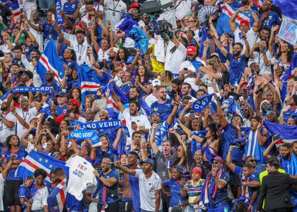 HOUSTON, TX - JUNE 26: Cabo Verde fans cheer as the team advances to the knockout stage following the 0-0dr aw during the FIFA World Cup, WM, Weltmeisterschaft, Fussball 2026 Group H match between Cabo Verde and Saudi Arabia on June 26, 2026 at Houston Stadium in Houston, Texas. (Photo by Leslie Plaza Johnson Icon Sportswire) SOCCER: JUN 26 FIFA World Cup 26 Group H - Cabo Verde vs Saudi Arabia EDITORIAL USE ONLY Icon260626036