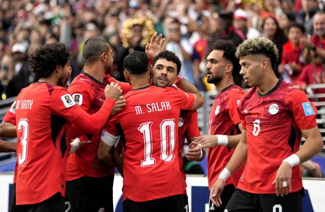 FIFA World Cup, WM, Weltmeisterschaft, Fussball 2026 - Group G - Egypt vs Iran Mahmoud Saber (C facing) of Egypt celebrates with teammates after scoring the opening goal during the FIFA World Cup 2026 group stage match Egypt against Iran, in Seattle, USA, 26 June 2026. SEATTLE United States  Copyright: xSTEPHENxBRASHEARx