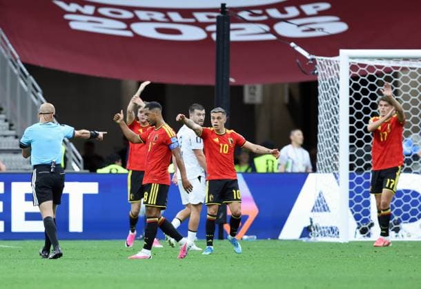 Belgium s Youri Tielemans and Belgium s Leandro Trossard react during a soccer game between Belgian national team, Nationalteam Red Devils and New Zealand, on Friday 26 June 2026, at the BC Place Vancouver stadium in Vancouver, Canada, the third game in the group stage of the FIFA World Cup, WM, Weltmeisterschaft, Fussball 2026. The Diables Rouges - Rode Duivels were drawn into Group G. BRUNOxFAHY  x179494676x