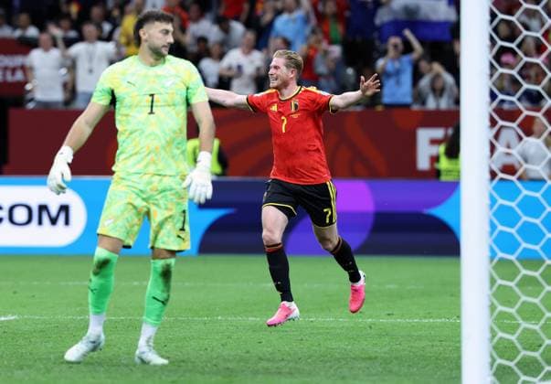 Belgium s Kevin De Bruyne celebrates after scoring the 3-0 goal during a soccer game between Belgian national team, Nationalteam Red Devils and New Zealand, on Friday 26 June 2026, at the BC Place Vancouver stadium in Vancouver, Canada, the third game in the group stage of the FIFA World Cup, WM, Weltmeisterschaft, Fussball 2026. The Diables Rouges - Rode Duivels were drawn into Group G. BRUNOxFAHY  x179496637x