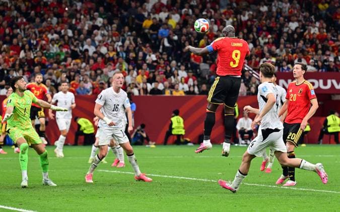 Belgium s Romelu Lukaku heads the ball during a soccer game between Belgian national team, Nationalteam Red Devils and New Zealand, on Friday 26 June 2026, at the BC Place Vancouver stadium in Vancouver, Canada, the third game in the group stage of the FIFA World Cup, WM, Weltmeisterschaft, Fussball 2026. The Diables Rouges - Rode Duivels were drawn into Group G. DIRKxWAEM  x179497857x