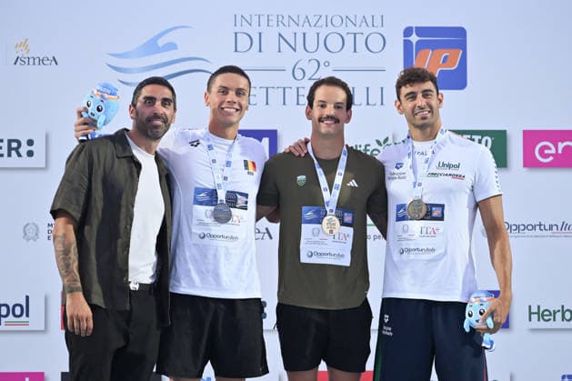 IPA86115036 - Filippo MAGNINI, David POPOVICI, Guilherme Santos Caribe and Leonardo Deplano during the medal ceremony for the men’s 50-meter freestyle on the first day of the 62nd Settecolli International Swimming Trophy at the Foro Italico in Rome on June 26, 2026.  Copyright: xDomenicoxCippitelli IPAxSportx xx 86115036