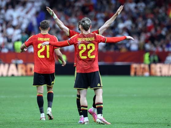 Belgium s Alexis Saelemaekers celebrates after scoring during a soccer game between Belgian national team, Nationalteam Red Devils and New Zealand, on Friday 26 June 2026, at the BC Place Vancouver stadium in Vancouver, Canada, the third game in the group stage of the FIFA World Cup, WM, Weltmeisterschaft, Fussball 2026. The Diables Rouges - Rode Duivels were drawn into Group G. BRUNOxFAHY  x179498307x