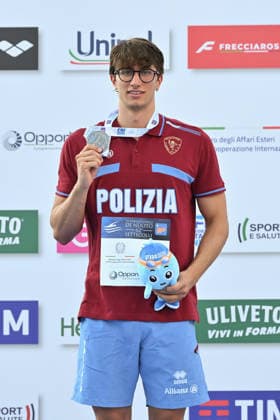 IPA86115113 - Francesco LAZZARI wins the silver medal in the men s 50-meter backstroke on the first day of the 62nd Settecolli International Swimming Trophy at the Foro Italico in Rome on June 26, 2026.  Copyright: xDomenicoxCippitelli IPAxSportx xx 86115113
